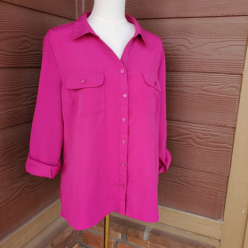 Notations Pink Button Down Blouse Roll Tab Sleeve… - image 14